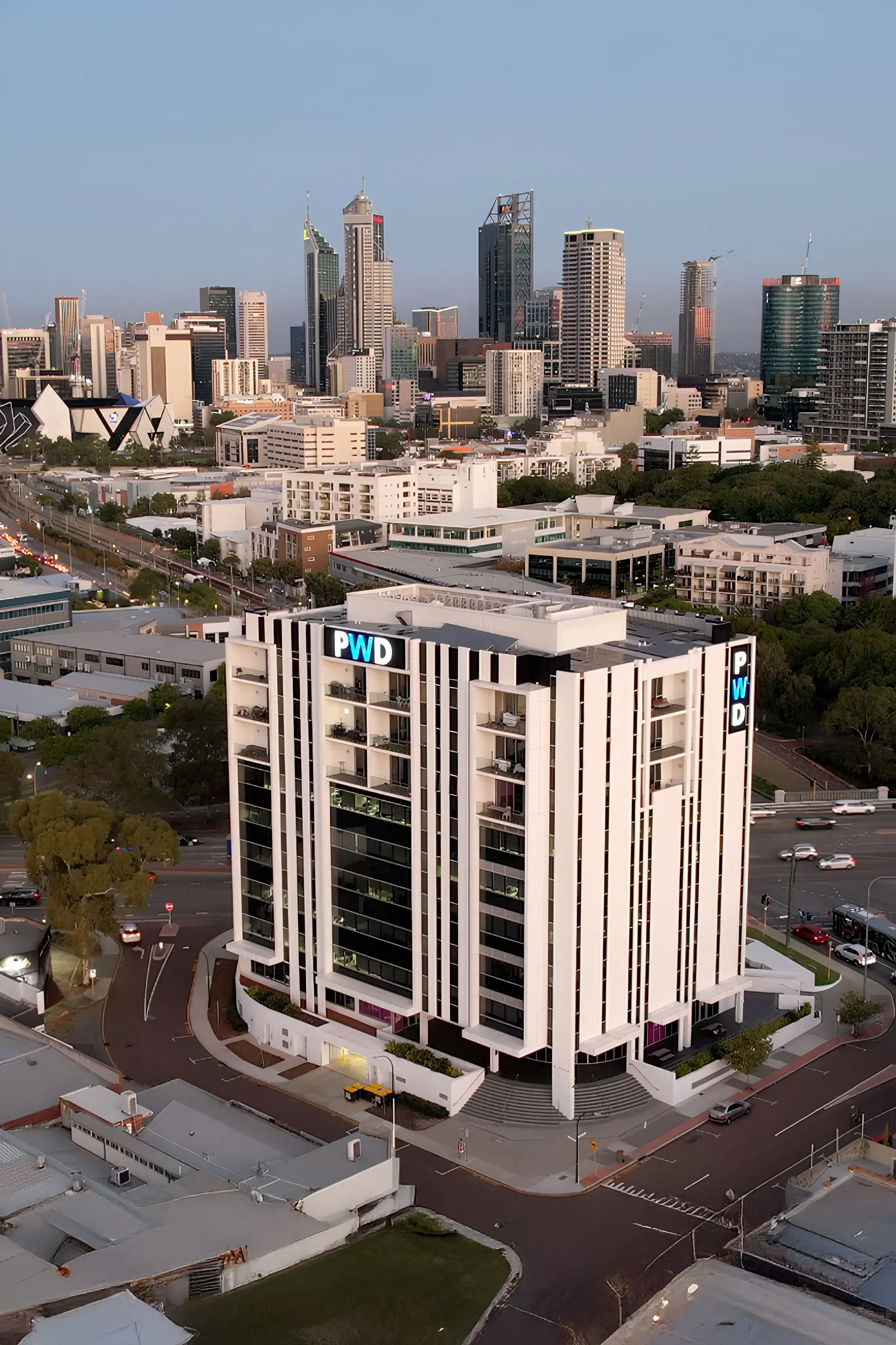 PWD's office building in West Leederville with the Perth city skyline behind