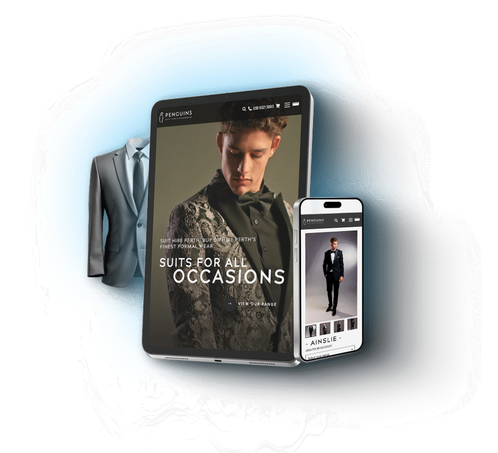 A digital rendering shows a tablet and smartphone displaying a men's suit website. A grey suit jacket appears to the left, whilst both screens feature stylishly dressed male models in formal suits.