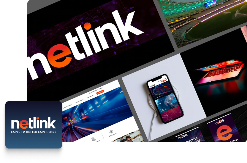 A collage of digital images featuring netlink branding, including a close-up of the logo, a stadium, LinkedIn interface, a laptop with colourful lights, website designs, and the netlink slogan: EXPECT A BETTER EXPERIENCE.