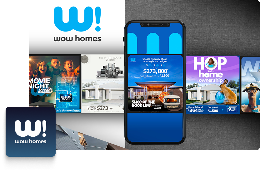 A smartphone displays a Wow Homes advert featuring house prices and a WOW Homes Quotation, surrounded by various property advertisements. A Wow Homes logo appears in the bottom left corner.