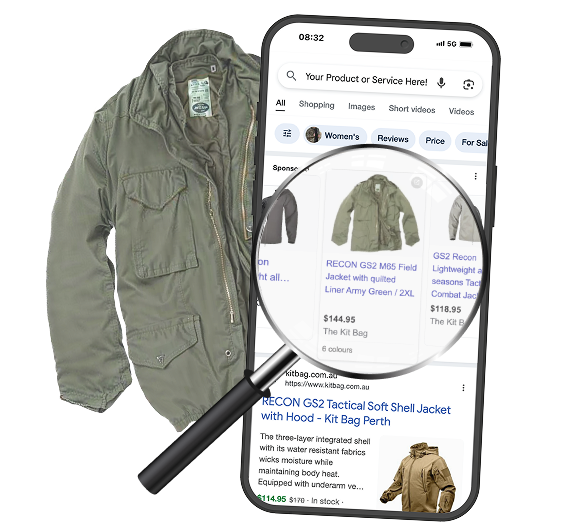 A green tactical jacket is displayed next to a smartphone showing Google Ads results for similar jackets, with a magnifying glass highlighting product listings on the screen.
