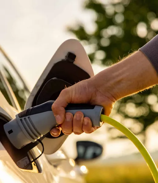 A close-up of a person’s hand plugging a yellow charging cable into an electric car’s charging port, with a blurred green tree and a car in the background—highlighting the role of EV Metals Group in powering sustainable mobility.
