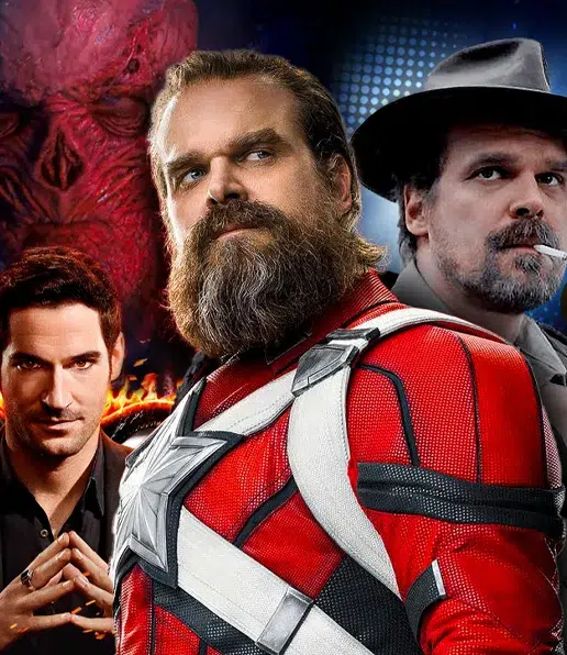 A bearded man in a red and white superhero suit stands centre stage at Metro Comic Con, flanked by two alternate versions of himself—one in a black shirt, the other in a grey hat and coat. A red demon face looms ominously behind them.