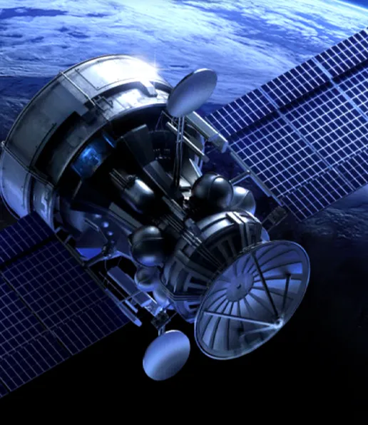 A satellite with large solar panels orbits above Earth, its blue surface and atmosphere visible in the background—a testament to innovations like those at WA Spaceport.