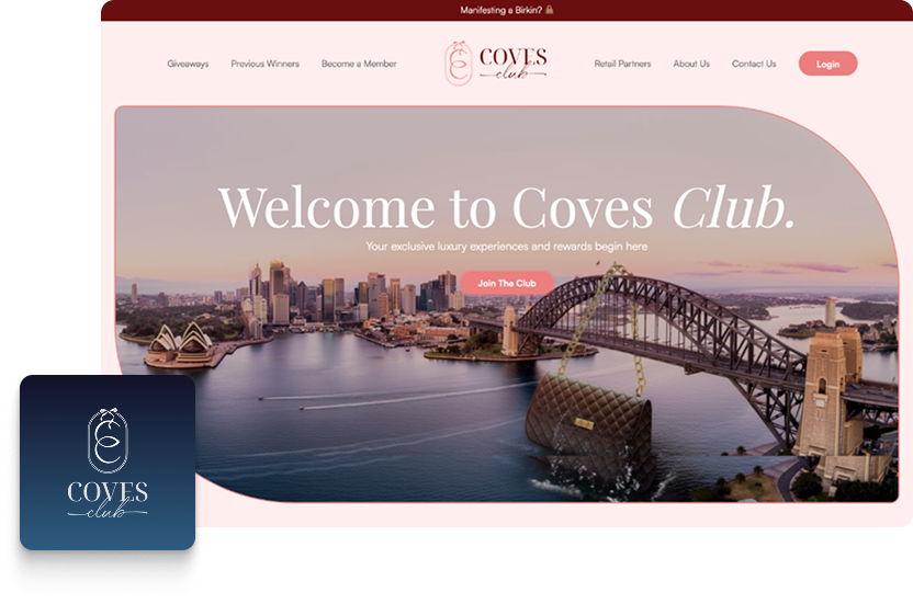 A website homepage for Coves Club features a city skyline, waterfront, and iconic bridge at sunset, with the text Welcome to Coves Club and a pink Join The Club button. The top left displays the Coves Club logo and a discreet PPC advert banner.