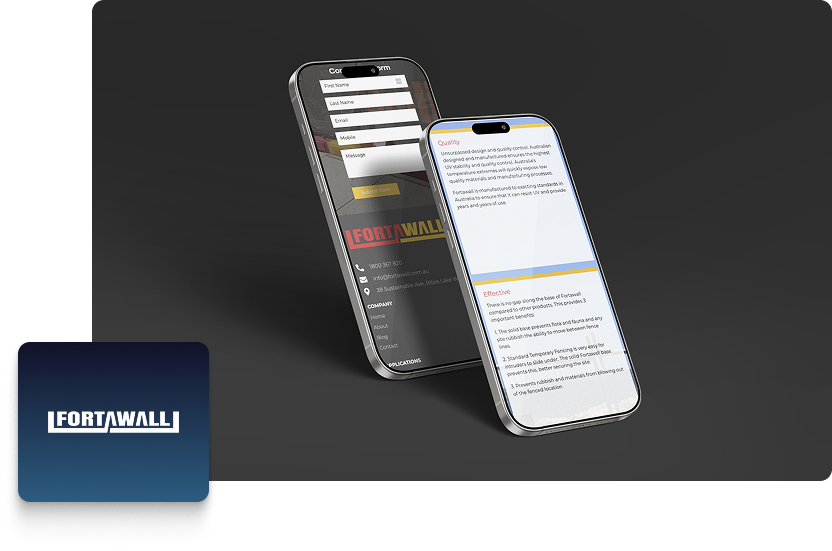 Two smartphones display the Fortawall website; one features a contact form, while the other highlights text content. A blue square logo with white Fortawall text appears in the lower left corner, showcasing modern web development against a dark background.
