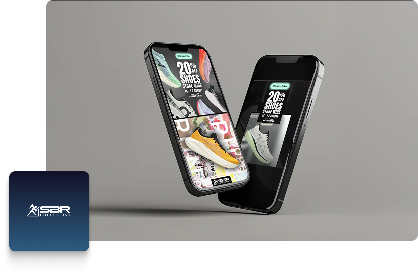Two mobile phones display shoe adverts with colourful trainers and bold text offering 20% off shoes sitewide. The grey background and SBR Collective logo in a blue square evoke smart PPC or Meta Ads strategies for impactful promotions.