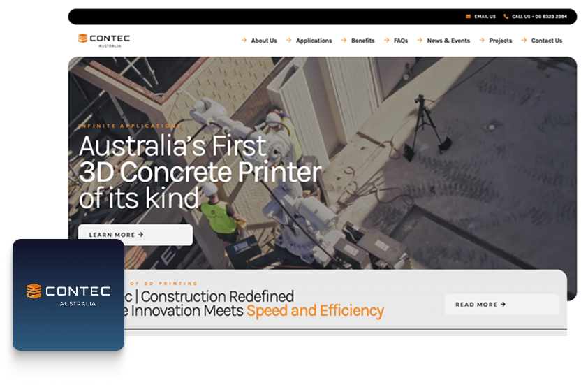 Screenshot of Contec Australia’s website featuring a headline about Australia’s first 3D concrete printer, with striking web design elements. Construction equipment and workers are visible in the background, with Contec’s logo in the bottom left corner.
