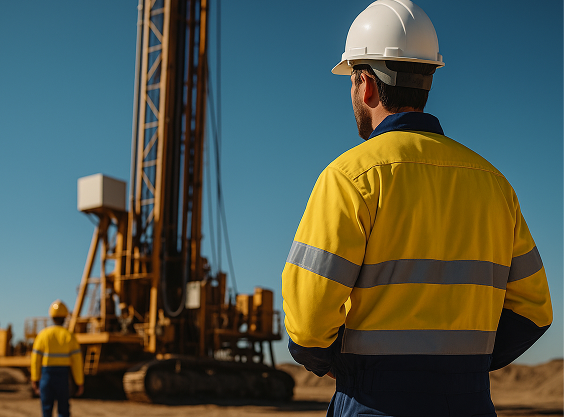 Two workers in yellow safety jackets and white helmets, representing Maskills Mechanical Services, stand near large drilling equipment on a construction site under a clear blue sky. One faces the machinery whilst the other stands in the foreground, back to the camera.