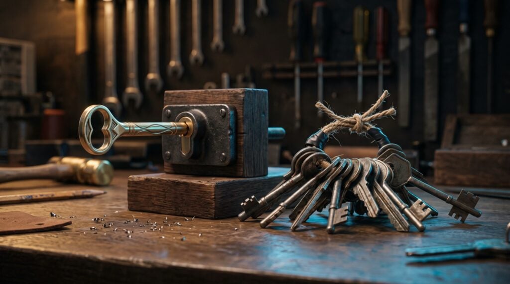 A custom brass key fitted neatly into a lock on a workshop bench beside a bundle of mismatched generic keys tied with string, showing bespoke software versus off-the-shelf workarounds