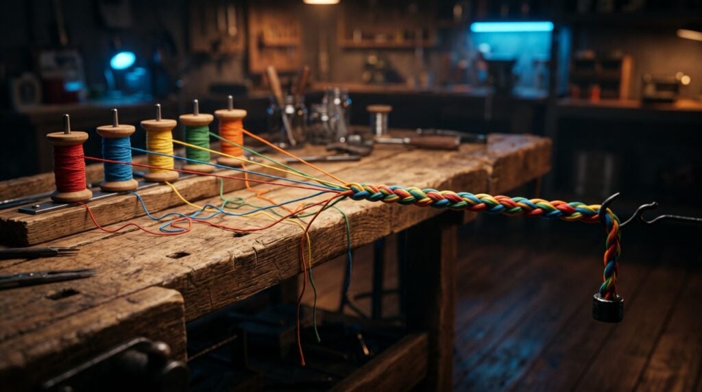 Five coloured threads on separate spools on a wooden workbench, woven into one strong braided rope, showing web, SEO and ads combined under one accountable team