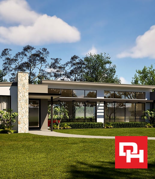 A modern single-storey Direct Homes design with a stone feature wall and wide glazing, with the Direct Homes logo
