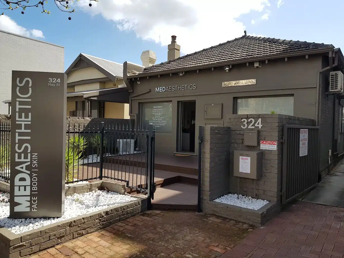 MedAesthetics clinic on Hay Street, Subiaco, with its Face, Body, Skin sign out the front